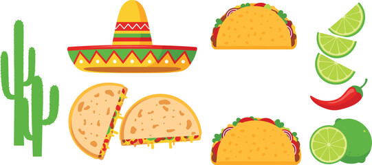 Mexican taco and fiesta elements set. Sombrero, cactus and lime slices. Traditional street food icons. Colorful Latin cuisine vector illustration pack. © HazelQueen