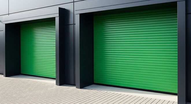 Modern Building With Green Roller Shutter Doors