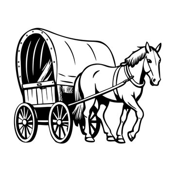 Vintage horse drawn covered wagon in motion