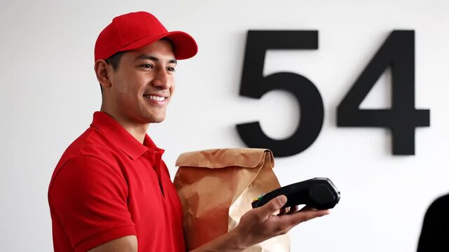 Delivery Man with Food and Payment Terminal. Smiling.