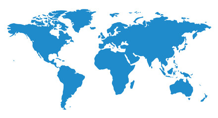 Naklejka premium A blue silhouette map of the world on a white background, showing continents and countries globally.