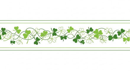 Vibrant green clover leaves intertwined on elegant vine with decorative borders on white background for st patrick's day or luck concept