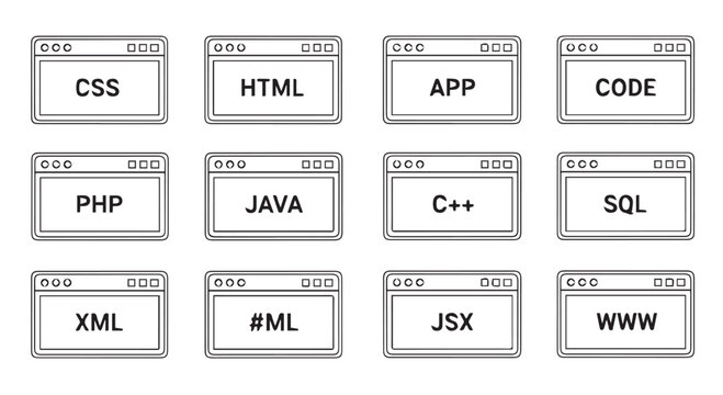 Set of web and app development programming language browser window icons, including CSS, HTML, APP, CODE, PHP, JAVA, C++, SQL, XML, ML, JSX, and WWW.