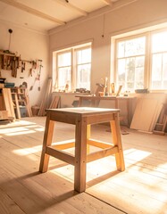 Sunny carpentry workshop featuring a wooden stool in the foreground and bright windows flooding the room with light