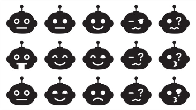 Set of black and white robot head icons with various facial expressions and emotions