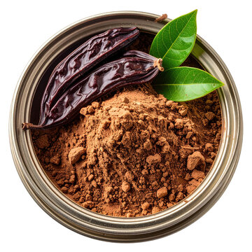 Organic carob powder in metal tin with whole pods and fresh leaves isolated on white background