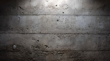 Obraz premium A detailed textured concrete wall with prominent horizontal lines and rough surfaces illuminated by dramatic overhead lighting