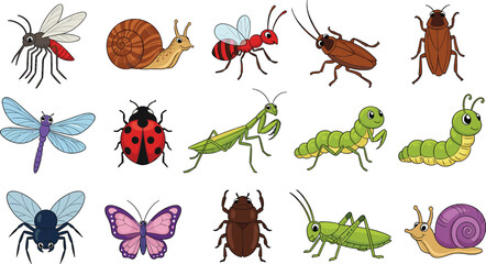 Cute Cartoon Insects and Bugs Vector Set for Kids Education, Biology Learning, Stickers, Games, and Fun Nature Themed Graphic Design Projects © Sanjida