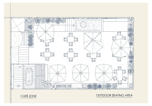 Architectural plan for an open air dining space with umbrellas tables and greenery elements for a commercial establishment outdoor seating area