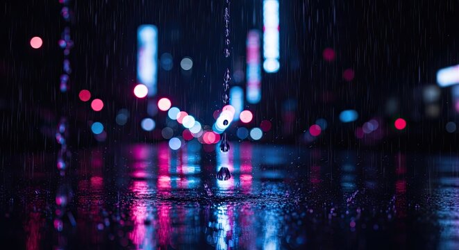 Rainy Night Cityscape with Neon Lights Reflecting on Wet Pavement.