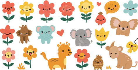 Obraz premium A collection of funny vector illustrations featuring a cute set of cartoon zoo and safari animals like a lion, bear, tiger, elephant, and pet cat or dog character for a baby icon set