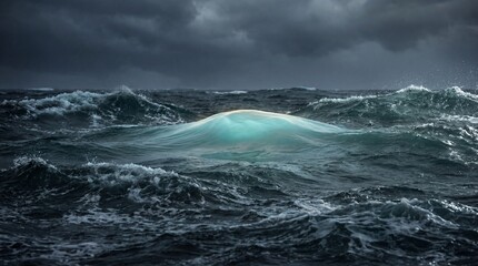 A dramatic shot captures moody, rough ocean waves churning under a dark sky, highlighting a crest with an ethereal turquoise glow.