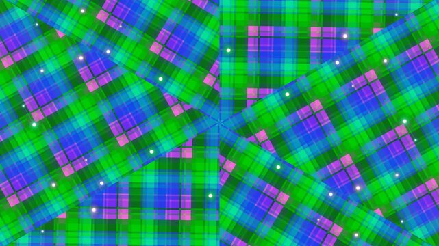 Abstract Kaleidoscopic Tartan Pattern with Purple, Blue, and Green Hues