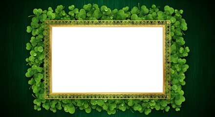 Empty golden picture frame with green eucalyptus leaves border on dark background