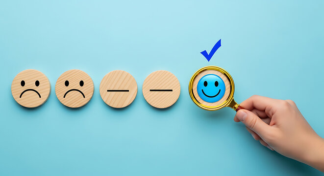 Hand choosing happy face with magnifying glass from wooden emoticons