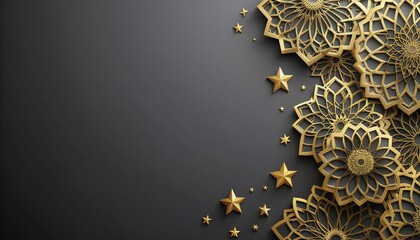 Luxurious digital render of intricate golden mandala patterns and 3d stars layered on an elegant dark gray background.