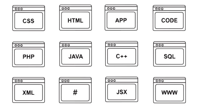 Set of various programming language icons on browser windows, including CSS, HTML, APP, CODE, PHP, JAVA, C++, SQL, XML, #, JSX, WWW, for coding and web development.
