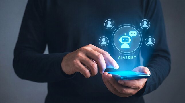 Man interacting with ai assistant chatbot on smartphone screen for digital support and technology concept