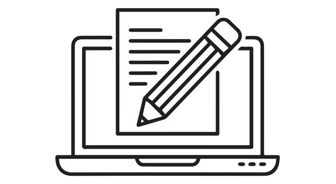Black line icon of a laptop with a document and pencil on screen, symbolizing online writing, editing, and digital documentation.