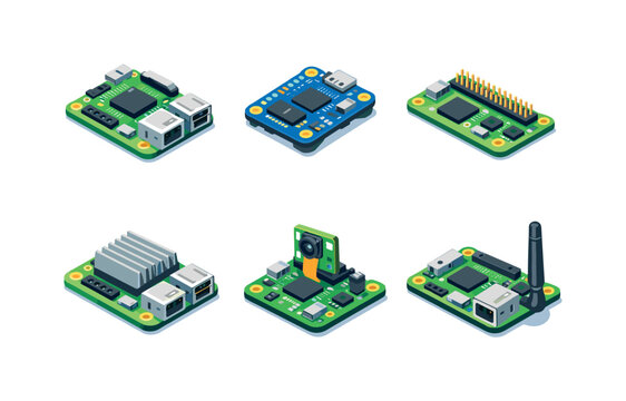 Single board computer. Isometric flat vector icons set of single board computer: single board computer main board, microcontroller SBC, GPIO