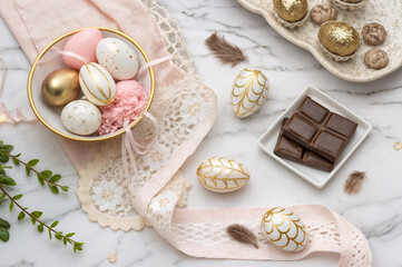 Easter eggs on a plate, chocolate, beautiful decoration