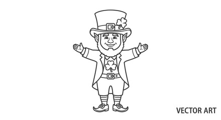 A cartoon leprechaun in a hat with his arms outstretched and a friendly smile.