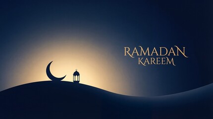 Spiritual deep blue digital illustration featuring a crescent moon and lantern silhouette for the ramadan kareem greeting.