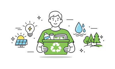 Saving resources through recycling. A person holding recycled materials while icons of energy, water, and trees appear nearby, symbolizing