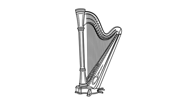 A detailed illustration of a harp with intricate details and shading.