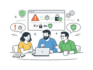 Code review for security. Team members discussing code at a table, pointing at vulnerabilities and solutions with friendly collaboration.