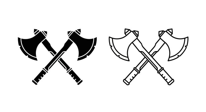 Two axes crossed, viking hatchet, weapon, symbol, icon, black and white, line art, design Vector