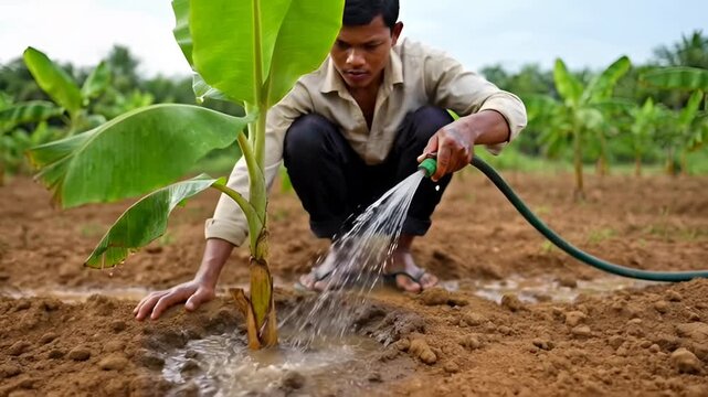 Farmer watering young banana plant in tropical plantation, agriculture, organic farming, sustainable food production