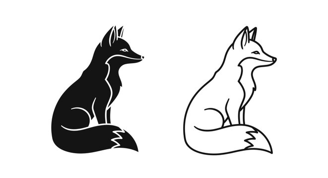 Black and white fox illustration, two foxes sitting, nature wildlife art, digital drawing Vector