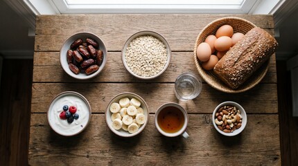 An overhead view of healthy breakfast ingredients, featuring oats and eggs, arranged on a rustic wooden table in warm, earthy tones.