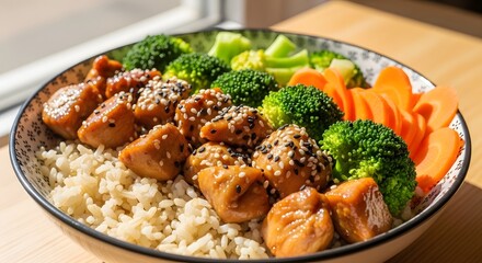 Fototapeta premium Delicious chicken and vegetables served on a bed of rice, garnished with sesame seeds, on a wooden table near a window