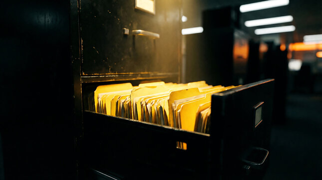 Open Metal Filing Cabinet Drawer with Yellow Manila Folders and Warm Light