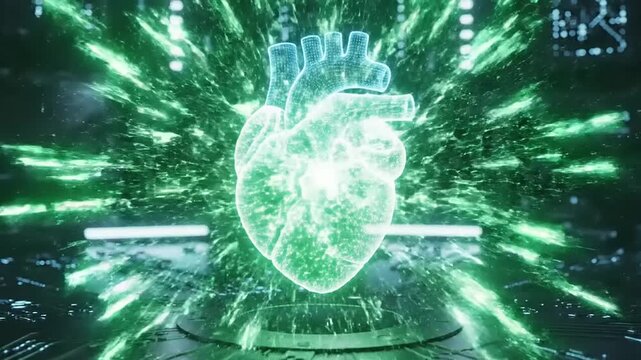Futuristic anatomy visualization of human heart exploding with neon green light effects in a dark technological environment from a frontal viewpoint