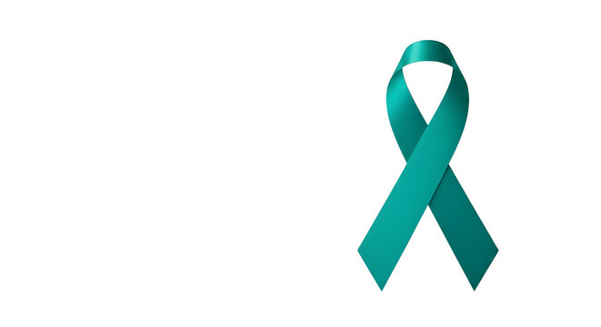 Teal awareness ribbon symbolizing ovarian cancer, PTSD, and sexual assault awareness, featuring a satin texture and elegant knot on a clean white backdrop. isolated PNG with Transparent