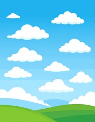 Sunny cartoon landscape green hills meet blue sky dotted with fluffy white clouds