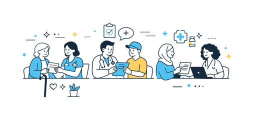 Fototapeta premium Community healthcare services. An editorial scene showing people calmly consulting with healthcare professionals in a community clinic,