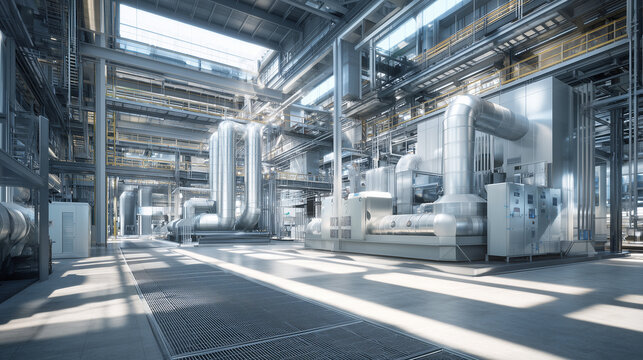 Sustainable industrial technology concept with a modern renewable energy plant interior, bright and clean high-tech factory facility with pipes and machinery