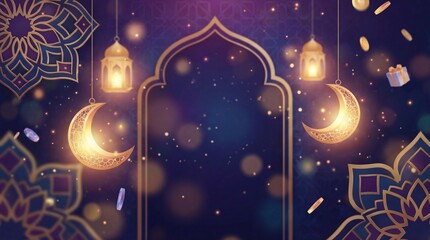 A glowing islamic arch frames golden crescent moons and lanterns in a festive, deep blue night sky illustration.