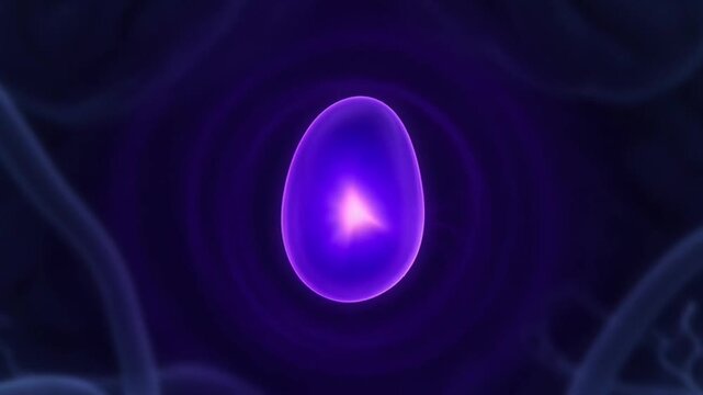Mysterious glowing purple egg-shaped object pulsating with light in dark abstract background with organic wispy tendrils