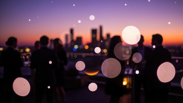 An Evening Rooftop Gathering at Sunset with Silhouetted Figures Against a City Skyline, Featuring Lights and a Vibrant Color Palette