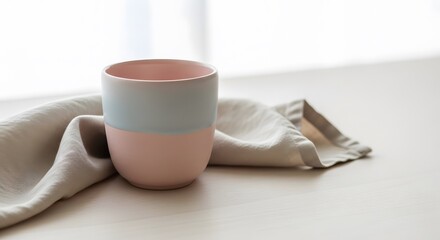 Minimalist two-tone ceramic cup with a delicate linen napkin on a light wooden table, evoking a serene and cozy morning atmosphere