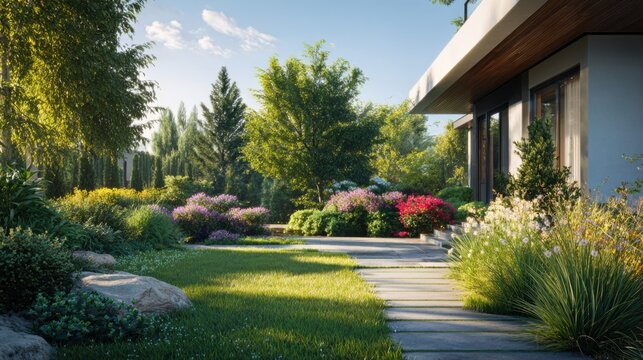 Modern garden design next to contemporary house with neat landscape layout Generative AI