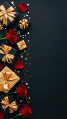A Romantic Arrangement of Red Roses, Elegant Gifts Wrapped in Black with Gold Ribbons, and Decorative Petals Accentuating a Luxurious Black Background for Celebrations