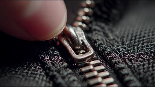 Close-up of a persons finger zipping up a black jacket, showcasing the intricate details of the zipper mechanism and fabric texture.