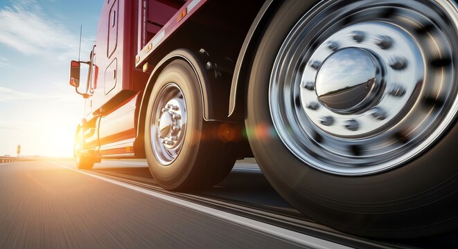 Red semi-truck driving on highway at sunset