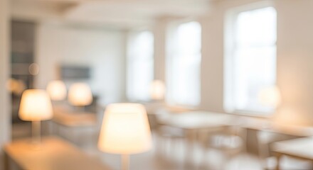 Fototapeta premium Abstract blurred background of a cozy room with warm glowing lamps and bright windows.